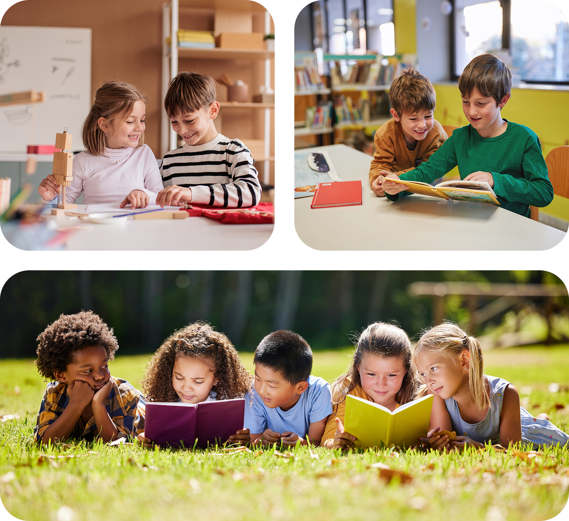 Kids reading together at library table
