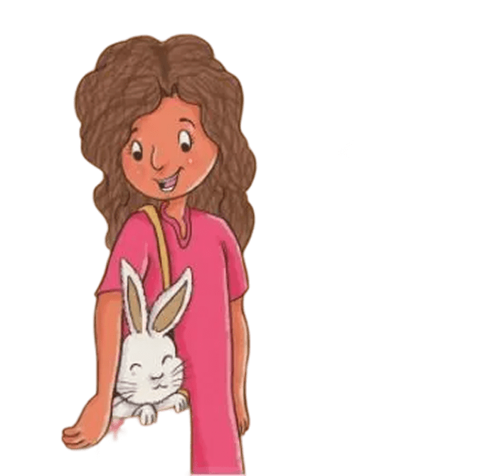 Smiling girl and rabbit-shaped purse